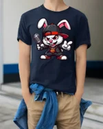 Funny Rapper Bunny With Microphone Hip Hop Graphic T Shirt - model wearing navy tee with hands in pockets