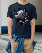 Cute Robot Rhino Futuristic Graphic T Shirt Sci Fi Style Tee - model wearing navy tee with hands in pockets