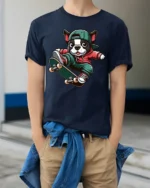 Cute Skateboarding French Bulldog Graphic T Shirt Street Style Tee - model wearing navy tee with hands in pockets