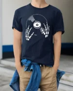 Skeleton DJ Vinyl Record Graphic T Shirt Music Lover Tee Style - model wearing navy tee with hands in pockets