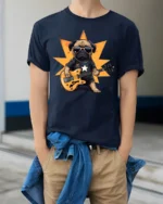 Cool Pug Playing Guitar Rockstar Graphic T Shirt Funny Dog Tee - model wearing navy tee with hands in pockets