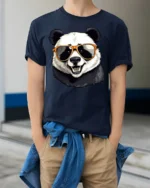 Cool Panda Wearing Sunglasses Funny Animal Graphic T Shirt Style - model wearing navy tee with hands in pockets