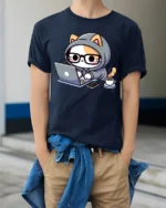 Cute Cat Coding Laptop Coffee Funny Programmer Graphic T Shirt - model wearing navy tee with hands in pockets