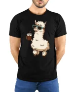 Cool Llama Drinking Coffee Funny Cartoon T Shirt Vibe - model wearing black tee with hands behind back