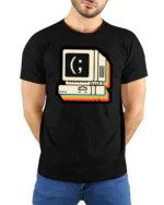 Retro Computer Smiley Face Coding Graphic T Shirt Vintage Tech Tee - model wearing black tee with hands behind back