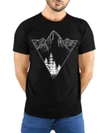 Minimalist Mountain Forest Triangle Graphic T Shirt Nature Style Tee - model wearing black tee with hands behind back