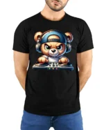 Cute DJ Teddy Bear Headphones Turntable Graphic T Shirt Music Tee - model wearing black tee with hands behind back