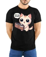 Funny Broke Cat No Money Wallet Cute Cartoon Graphic T Shirt - model wearing black tee with hands behind back