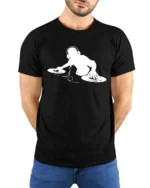 DJ Turntable Mixing Music Graphic T Shirt Cool Club Style Tee - model wearing black tee with hands behind back