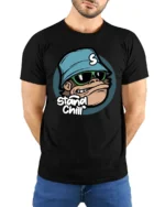 Stay Chill Monkey With Sunglasses Funny Cartoon Graphic T Shirt - model wearing black tee with hands behind back