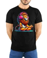 Meditating Lion With Headphones Colorful Zen Graphic T Shirt - model wearing black tee with hands behind back