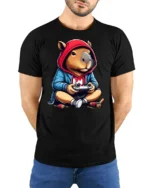 Cute Capybara Gamer Hoodie Playing Controller Graphic T Shirt - model wearing black tee with hands behind back