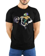 Cyberpunk Rider With TV Head Motorcycle Stunt Graphic T Shirt - model wearing black tee with hands behind back