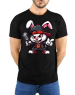 Funny Rapper Bunny With Microphone Hip Hop Graphic T Shirt - model wearing black tee with hands behind back