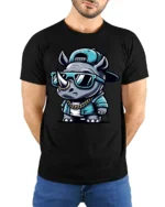 Cool Rhino Wearing Sunglasses Hip Hop Style Graphic T Shirt - model wearing black tee with hands behind back