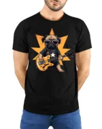 Cool Pug Playing Guitar Rockstar Graphic T Shirt Funny Dog Tee - model wearing black tee with hands behind back