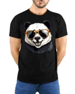 Cool Panda Wearing Sunglasses Funny Animal Graphic T Shirt Style - model wearing black tee with hands behind back