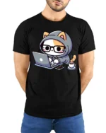 Cute Cat Coding Laptop Coffee Funny Programmer Graphic T Shirt - model wearing black tee with hands behind back