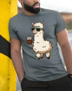 Cool Llama Drinking Coffee Funny Cartoon T Shirt Vibe - model wearing grey tee, leaning on column