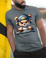Cute DJ Teddy Bear Headphones Turntable Graphic T Shirt Music Tee - model wearing grey tee, leaning on column