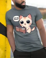 Funny Broke Cat No Money Wallet Cute Cartoon Graphic T Shirt - model wearing grey tee, leaning on column