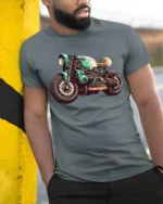 Vintage Cafe Racer Motorcycle Graphic T Shirt Retro Biker Style Tee - model wearing grey tee, leaning on column