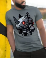 Cute Robot Rhino Futuristic Graphic T Shirt Sci Fi Style Tee - model wearing grey tee, leaning on column