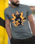 Cool Pug Playing Guitar Rockstar Graphic T Shirt Funny Dog Tee - model wearing grey tee, leaning on column