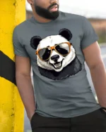 Cool Panda Wearing Sunglasses Funny Animal Graphic T Shirt Style - model wearing grey tee, leaning on column