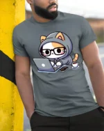 Cute Cat Coding Laptop Coffee Funny Programmer Graphic T Shirt - model wearing grey tee, leaning on column