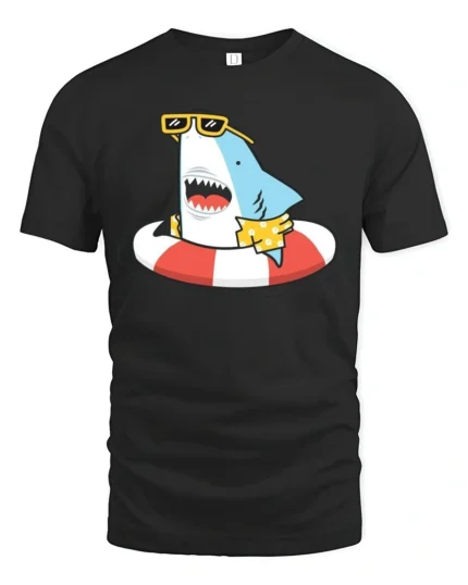Jolly Shark Summer Vacation Hawaiian Shirt Graphic Tee - black t-shirt on white background