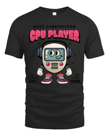 Pro Gamer CPU Player Robot Vintage 1990 Style Graphic Tshirt - black t-shirt on white background