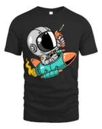 Galactic Astro Rider Rocket Ship Ray Gun Graphic Tshirt - black t-shirt on white background