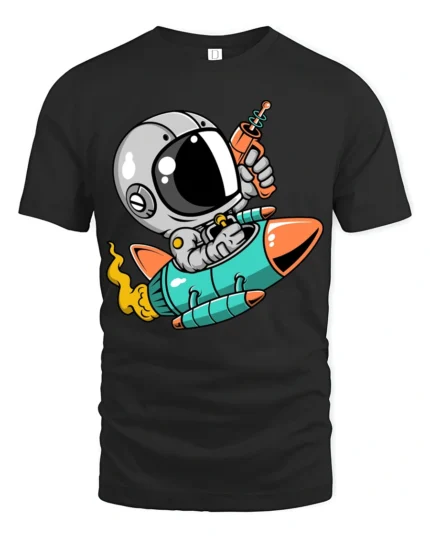 Galactic Astro Rider Rocket Ship Ray Gun Graphic Tshirt - black t-shirt on white background