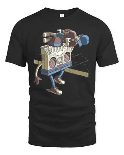 Walking Boombox Hip Hop Beats Retro Music Graphic Tshirt - black t-shirt on white background