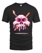 Melting Artist Skull Paintbrush Pencil Graphic Art Tshirt - black t-shirt on white background