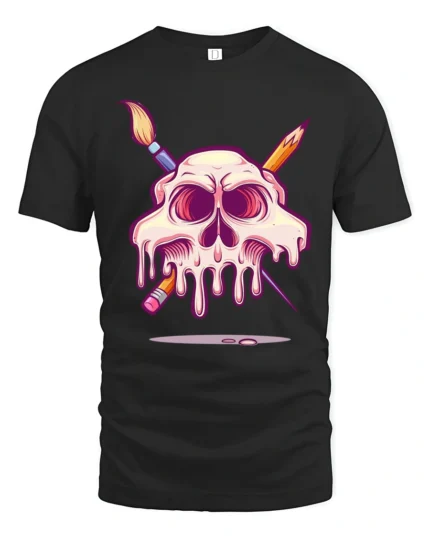 Melting Artist Skull Paintbrush Pencil Graphic Art Tshirt - black t-shirt on white background