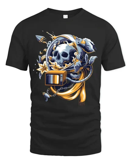 Cosmic Memento Mori Astronaut Skull Retro TV Graphic Tee - black t-shirt on white background