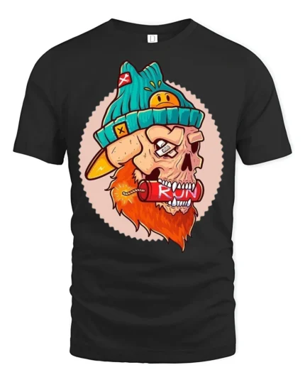 Dynamite Biting Bearded Skull Run Fast Graphic Tshirt - black t-shirt on white background