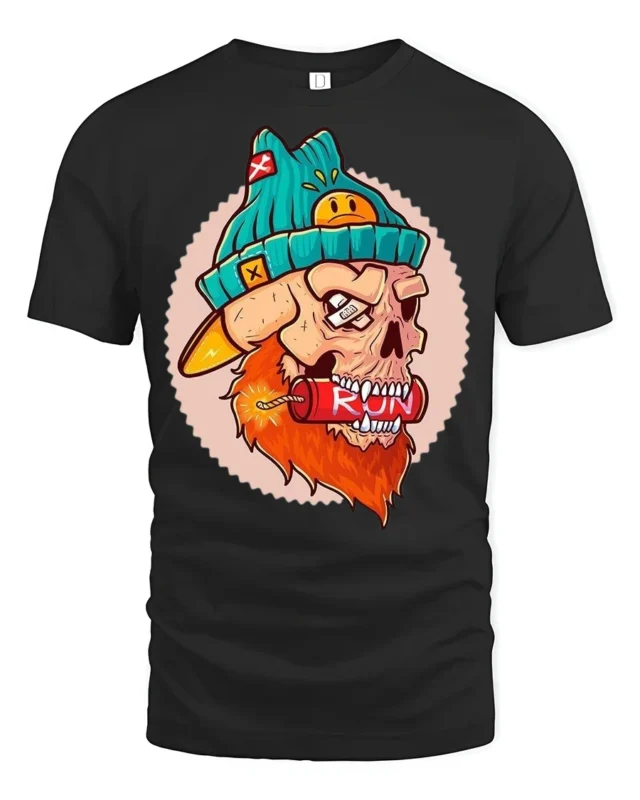 Dynamite Biting Bearded Skull Run Fast Graphic Tshirt - black t-shirt on white background