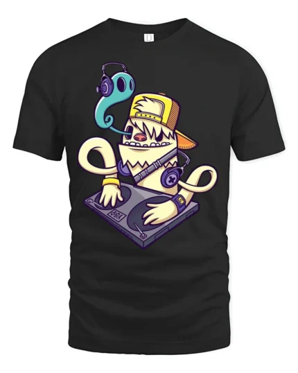 Funky DJ Ghost Monster Shaggy Yellow Creature Graphic Tee - black t-shirt on white background