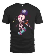 Clumsy Skeleton Skater Bowling Ball Accident Graphic Tee - black t-shirt on white background