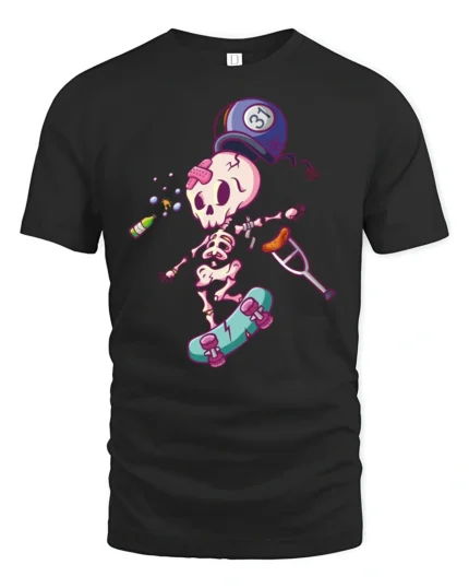 Clumsy Skeleton Skater Bowling Ball Accident Graphic Tee - black t-shirt on white background