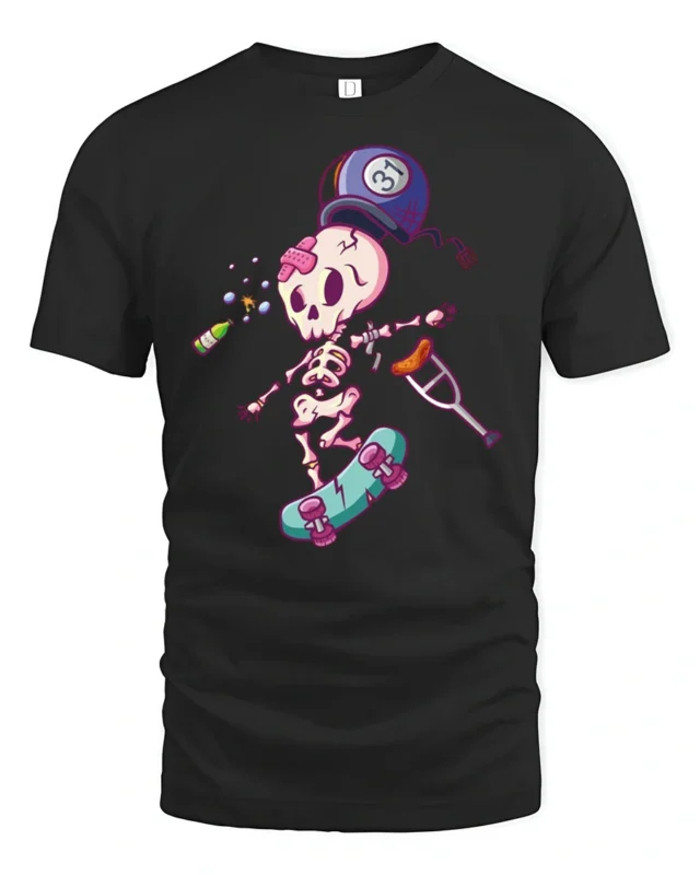 Clumsy Skeleton Skater Bowling Ball Accident Graphic Tee - black t-shirt on white background
