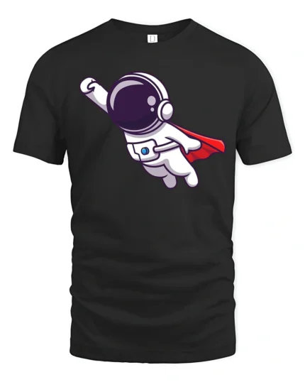Heroic Space Voyager Superhero Red Cape Graphic Tshirt - black t-shirt on white background