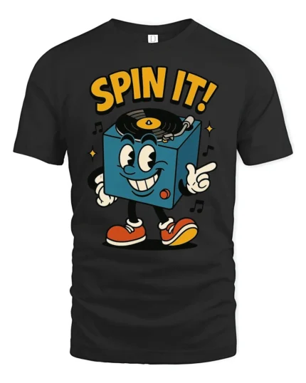 Jazzy Record Player Spin It Vinyl Music Graphic Tshirt - black t-shirt on white background