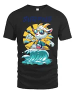Chill Surfing Goat Retro Sunset Waves Graphic Tshirt - black t-shirt on white background