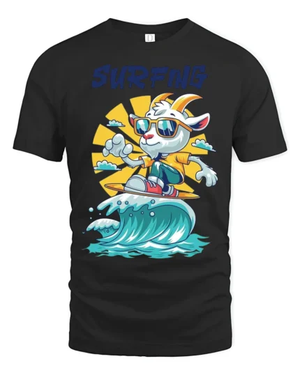 Chill Surfing Goat Retro Sunset Waves Graphic Tshirt - black t-shirt on white background