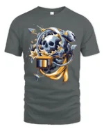 Cosmic Memento Mori Astronaut Skull Retro TV Graphic Tee - gray t-shirt on white background