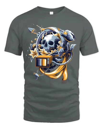 Cosmic Memento Mori Astronaut Skull Retro TV Graphic Tee - gray t-shirt on white background